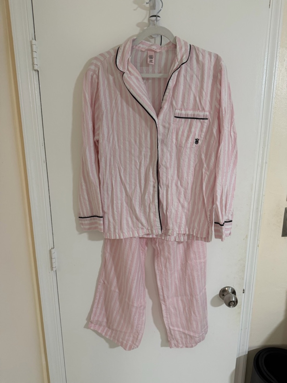 Victoria's Secret Pink and White Striped Pajama Set with Black Piping